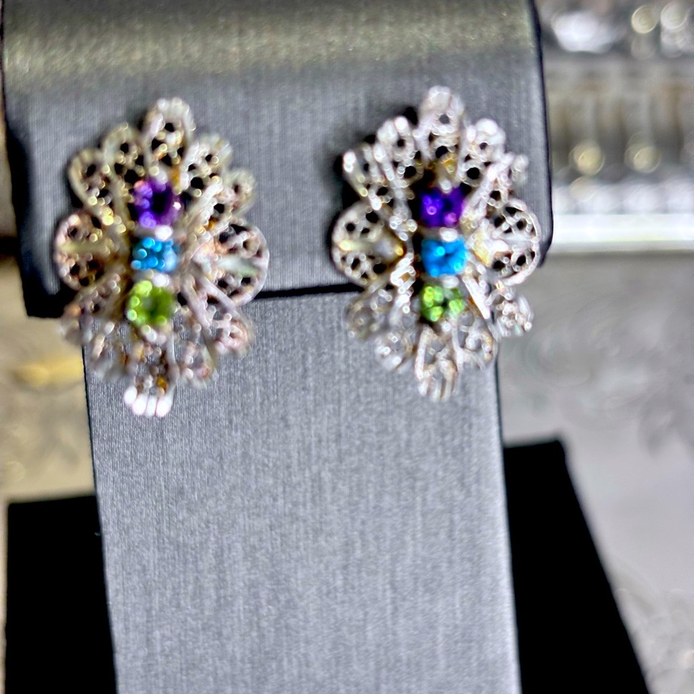 Elegant sterling silver Filigree Earrings.  Amethyst, blue topaz and peridot gem